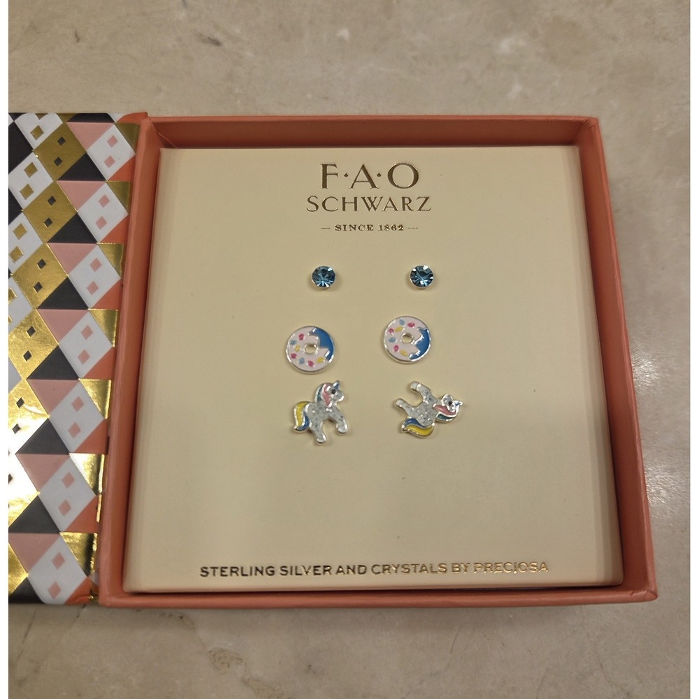 FAO SCHWARTZ GIRL'S SET STERLING SILVER &‎ BLUE CRYSTAL EARRINGS DONUT UNICORN